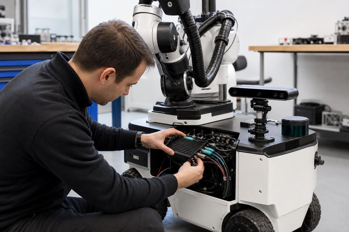 Robotics engineer validating a cable-managed robot-side AI computer, cameras, lidar, power, and network connections on a stationary mobile manipulation robot.