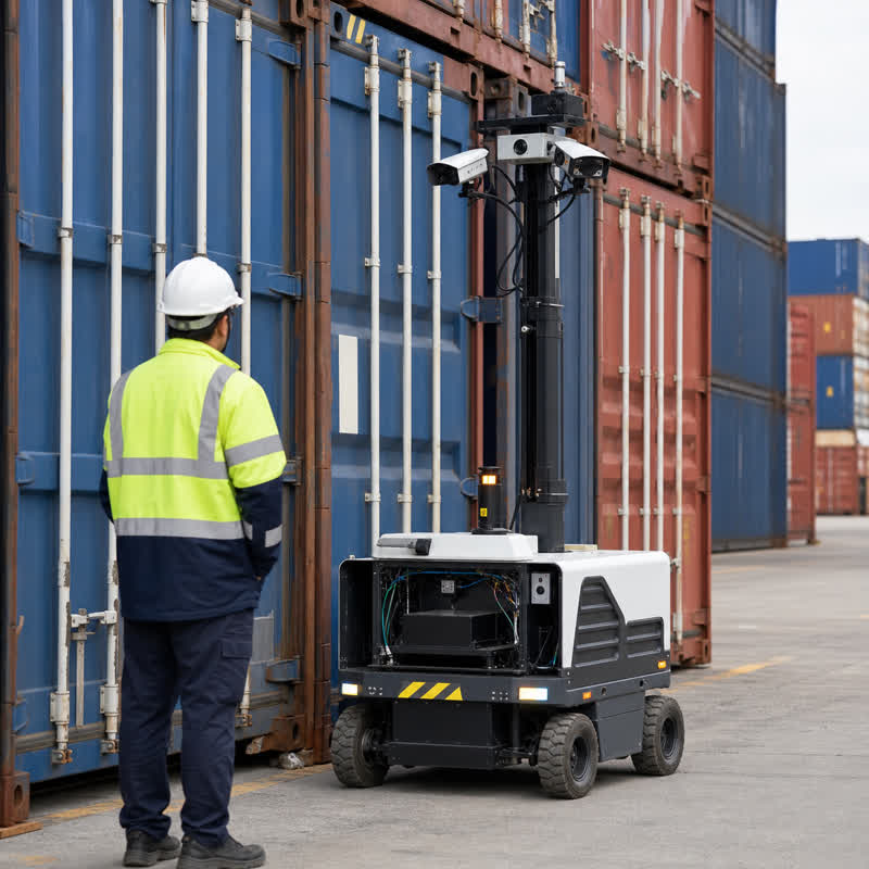 Container inspection robot with mast-mounted cameras and an installed robot-side edge AI computer beside stacked shipping containers.