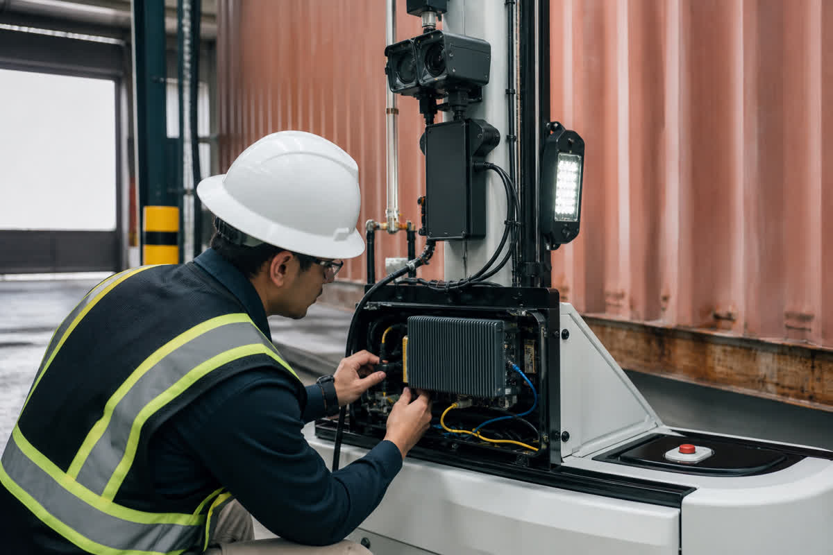 Engineer validating camera, illumination, cable, and robot-side edge AI computer connections on a stationary container inspection robot.