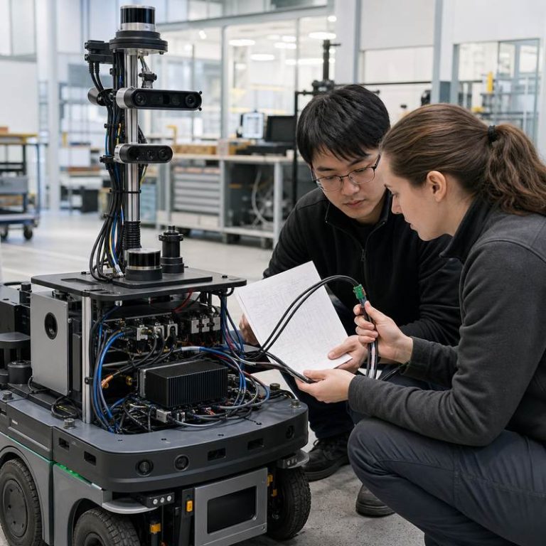 Engineers reviewing a sensor harness on a stationary mobile robot with an installed edge AI computer.
