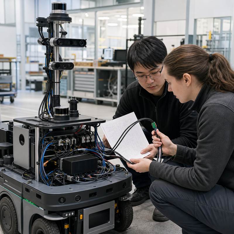 Engineers reviewing a sensor harness on a stationary mobile robot with an installed edge AI computer.