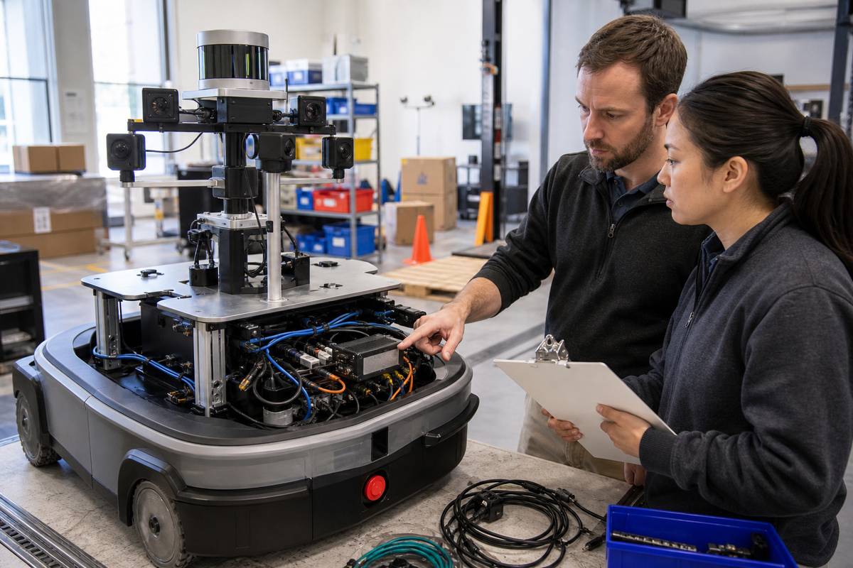 Engineers tracing camera, lidar, power and network cables on a stationary warehouse robot during edge AI computer integration.