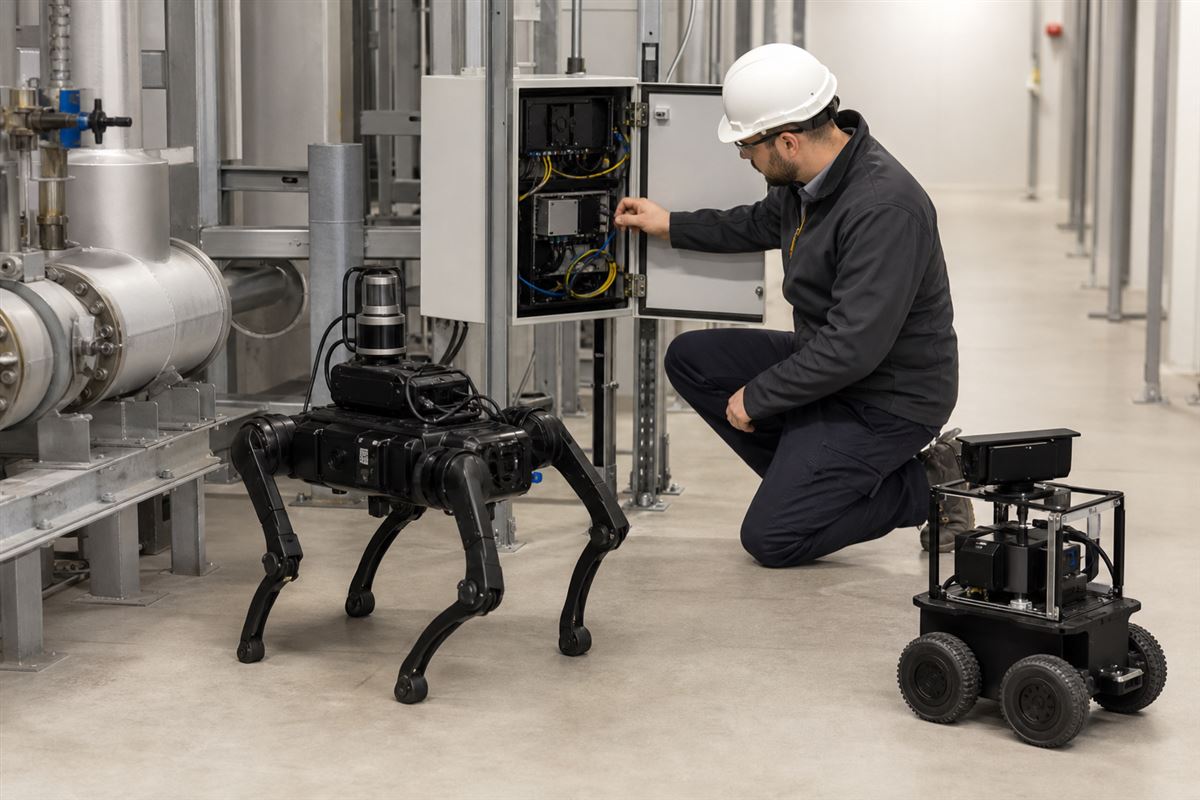 Technician checking camera, power and network connections on stationary inspection robots in an industrial facility.