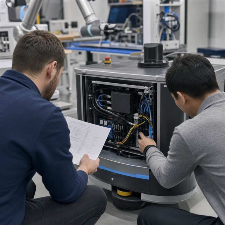 Engineers reviewing cable labels and configuration evidence on a stationary mobile robot integration bench.