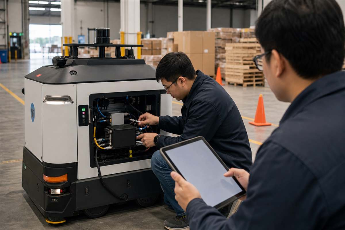 Engineer checking cable connections and configuration evidence on a stationary autonomous mobile robot in a warehouse test area.