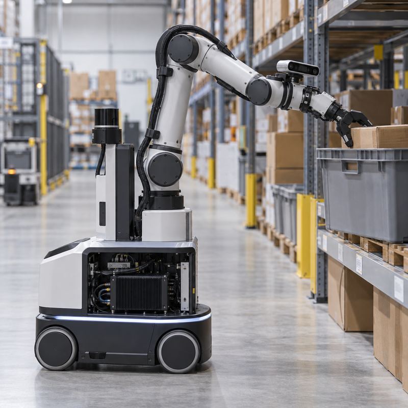 Mobile manipulator with installed edge AI computer in a warehouse picking aisle
