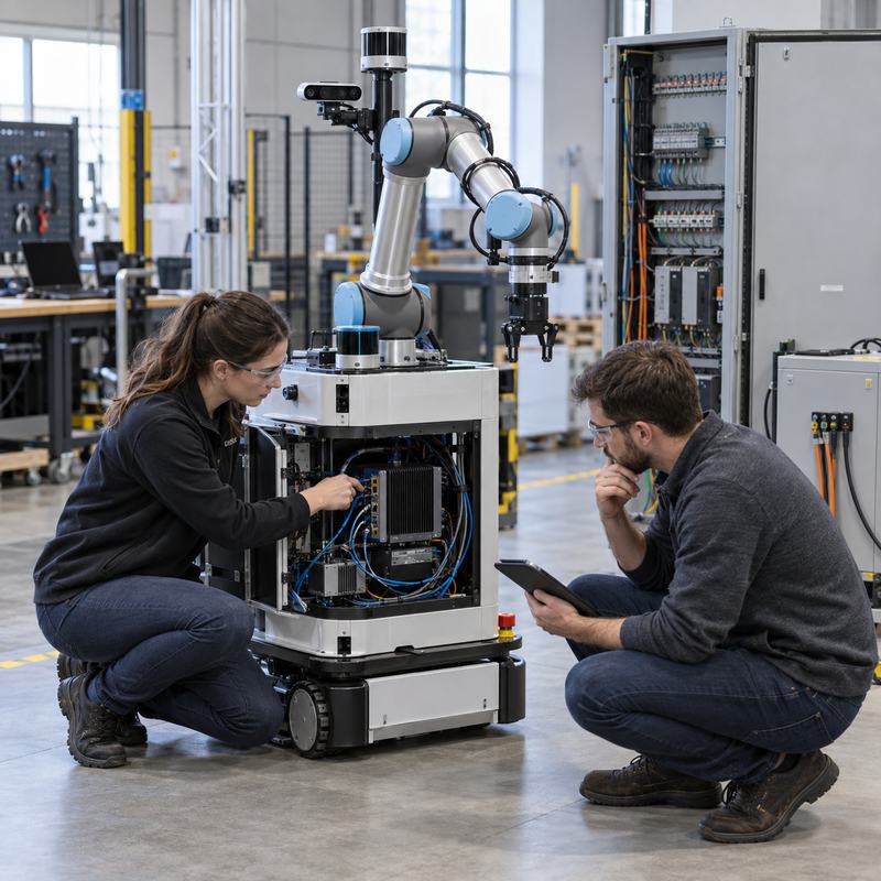 Engineers reviewing a mobile manipulator with installed robot-side edge AI hardware in a robotics lab.