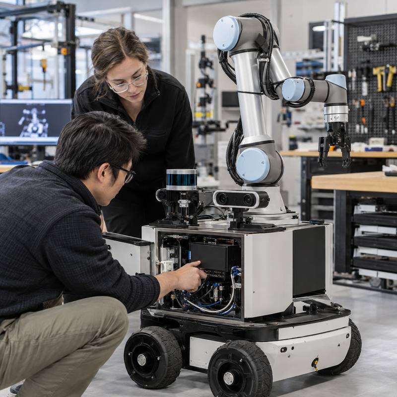Engineers evaluating a cable-managed robot-side edge AI computer inside a mobile manipulator in a robotics lab.