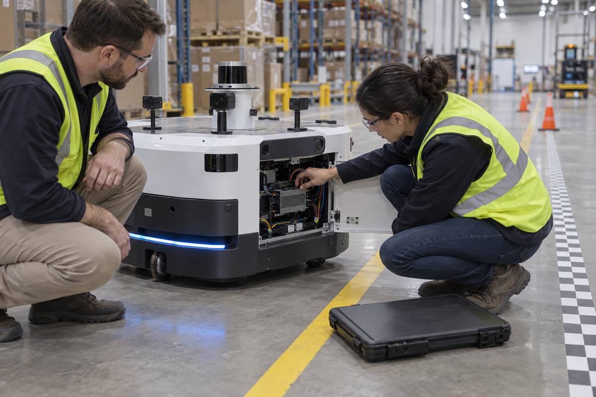 Technicians inspecting a sensor-rich autonomous mobile robot and its installed edge AI computer during warehouse commissioning