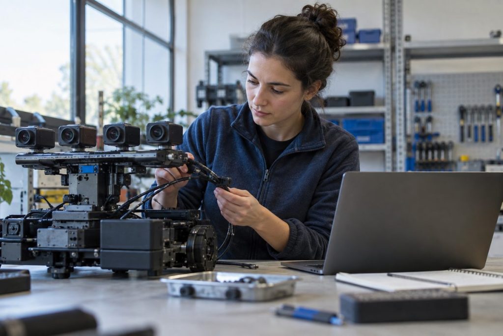 Illustrative scene of an engineer inspecting a four-camera robot sensor rig during computer selection; no MScape product is shown.