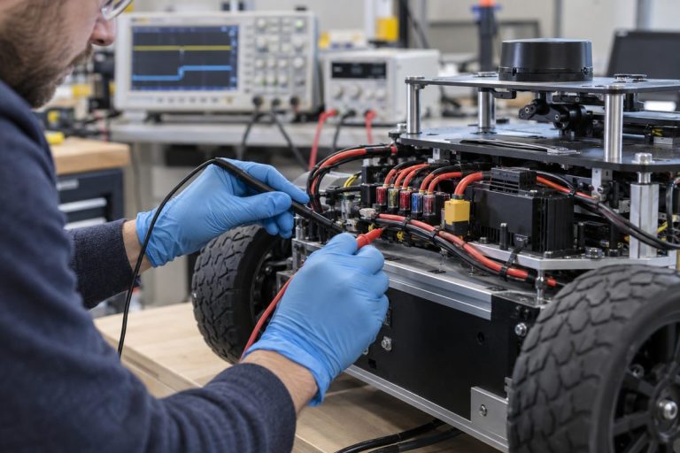 Illustrative scene of an engineer measuring a low-voltage robot power harness; no measured result or MScape product is shown.