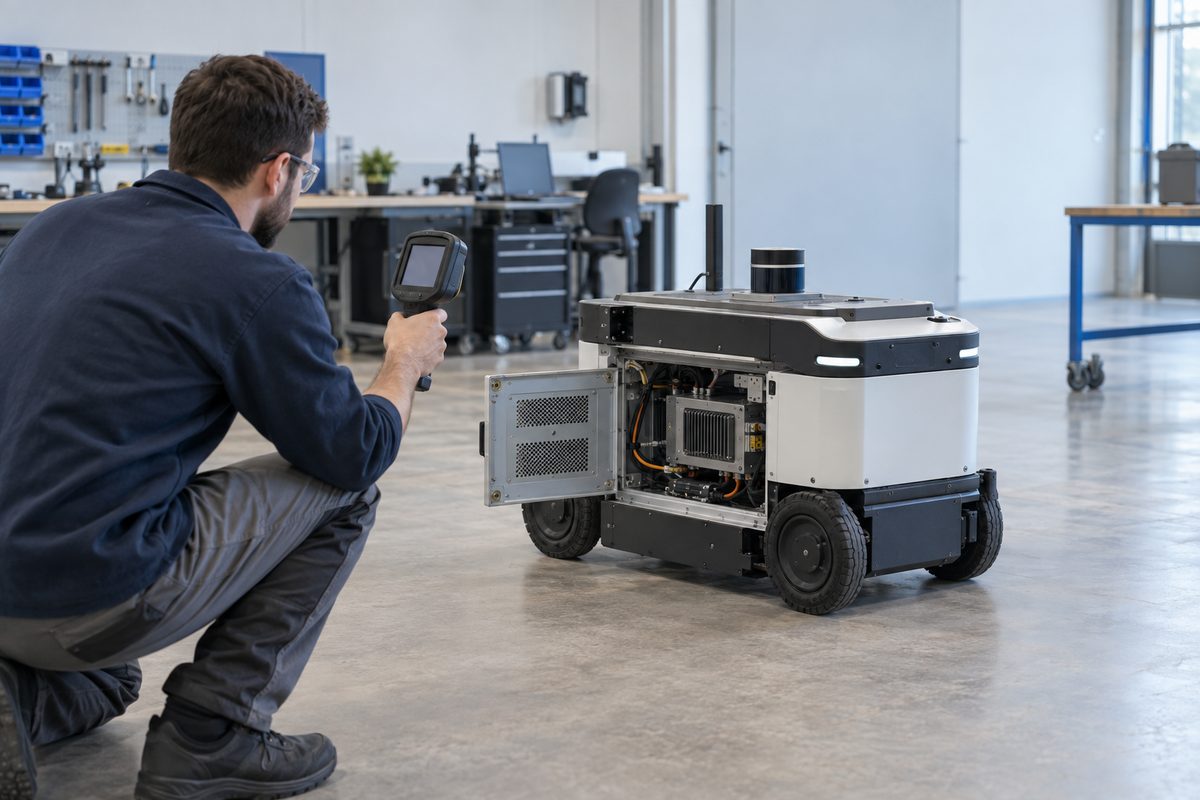 Illustrative scene of an engineer checking an installed mobile-robot enclosure with a thermal camera; not an MScape product or test result.